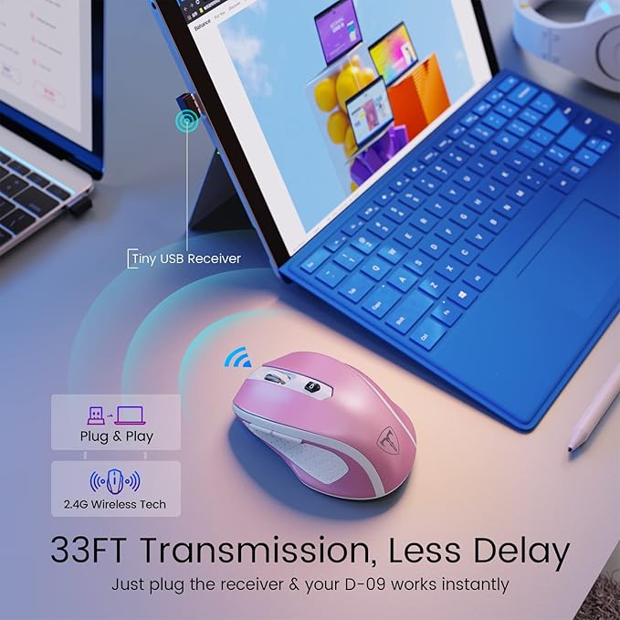 D-09 Wireless Mouse for Laptop - Ergonomic Plus Computer USB Cordless Mice, Ergo Grips, Lightspeed 5-Level 2400 DPI, 16 Months Battery, Portable for PC Mac Chromebook, 6 Button, Flamingo Pink