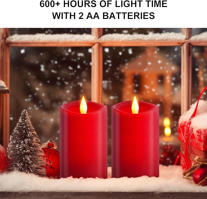2PCS, 3 x 5 inches Flameless Candle with Remote Control, 3D Flickering Wick, Real Wax Pillar LED Candles, Battery Operated Candles,with Timer,for Holiday Home Decor, Red