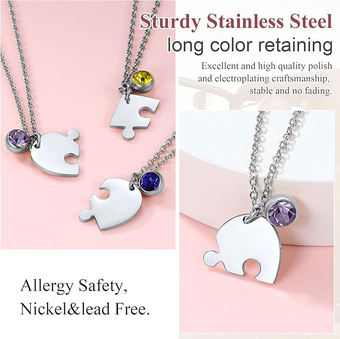 FindChic Personalized Matching BFF Necklace for 2/3/4/5/6 Puzzle Name Heart Pendant Stainless Steel Couple Necklace Set Customized Necklaces for Teen Girls