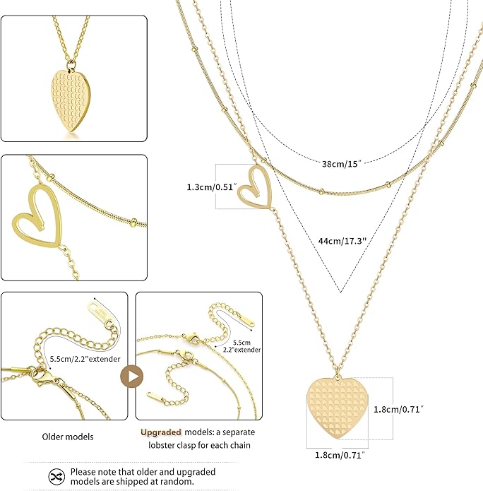 Linawe Layered Choker Heart Pendant Necklace for Women Trendy, Gold/Silver/Rose Gold Chain Stainless Steel Stacked Necklaces, Double Heart Necklace Y2K Preppy Jewelry