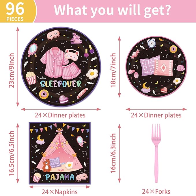 96PCS Sleepover Plates and Napkins Party Supplies Pajama Party Decorations Sleepover Party Supplies for Girls Slumber Themed Disposable Tableware Set Serve 24 Guests