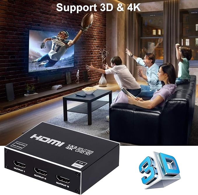 1x3 HDMI Splitter, 1 in 3 Out HDMI Splitter Audio Video Distributor Box Support 3D & 4K x 2K Compatible for HDTV, STB, DVD, PS3, Projector Etc