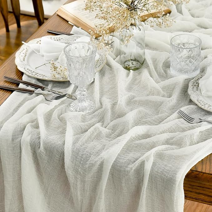 Artoid Mode Boho Cheesecloth Gauze Ivory Wedding Table Runner, 120 Inch Seasonal Fabric Kitchen Dining Holiday Table Decor for Home Party Indoor
