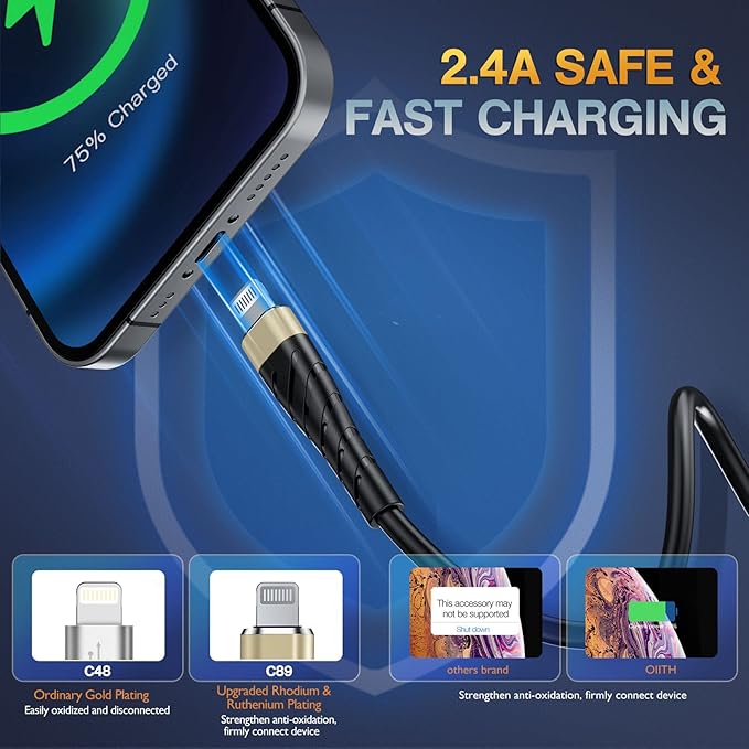 OIITH MFi Certified for iPhone Charger Cable 3 Pack 10 Ft, Extra Long for Lightning Charging Cord, Fast 2.4A for iPhone USB Cord Compatible with iPhone12/11/XS/Max/XR/X/8/8P/7P/6/iPad - Gold