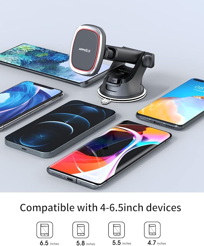APPS2Car Magnetic Phone Mount, Dashboard Windshield Suction Cup Car Phone Holder Phone Mount with 6 Strong Magnets, Adjustable Telescopic Arm, Compatible with iPhone/Pro/Max/All Smart Phones