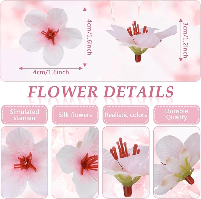 100pcs Pink Cherry Blossom Flowers Artificial Cherry Blossom Heads Silk Mini Cherry Flowers for Crafts DIY Wedding Party Decor(1.6 Inch)