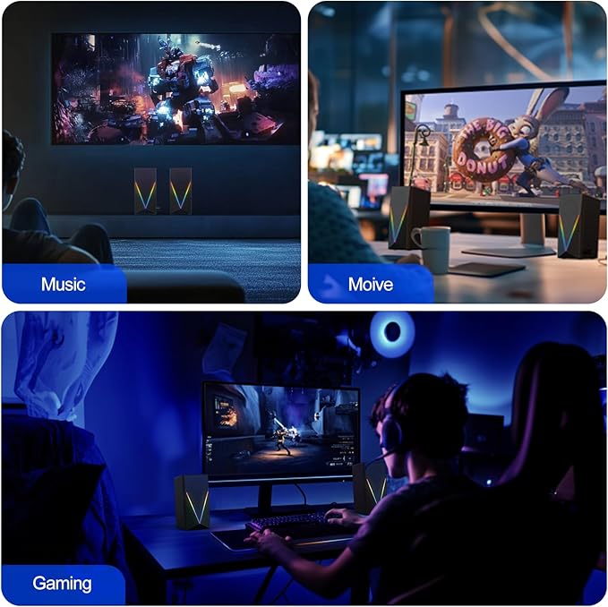 RGB Desktop Speakers with Enhanced Bass, Volume Control & 6 Colorful Lights - USB Powered & 3.5mm Aux Gaming Speakers for Laptop, PC, Tablet, Phone