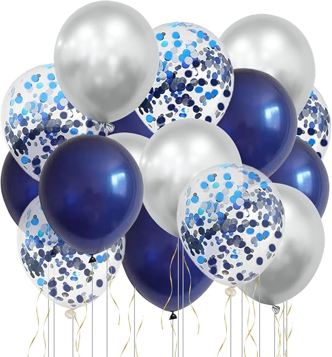 50pcs 12inch Navy Blue Silver Latex Helium Balloons,Blue Silver Confetti Balloon for Graduation Decorations/Class of 2025 Birthday Anniversary Decorations
