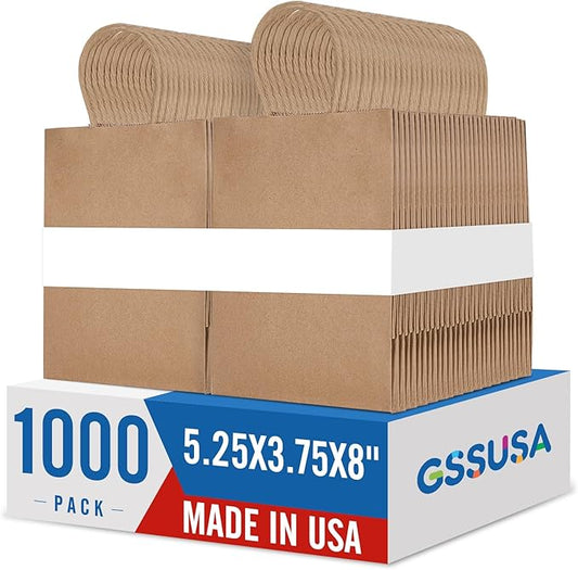 GSSUSA Paper Gift Bags 5.25x3.75x8 1000Pcs, Valentine's Day Gift Wrap Bags with Handles, Brown Kraft Paper Bags for Small Business, Heavy Duty Bulk, for Birthday Party Favors, Shopping, Retail