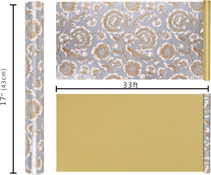 LaRibbons Reversible Floral Wrapping Paper Roll, 17Inch x 33 Feet (46.7 Sq. Ft) – Double-Sided Gold Peony Design for Wedding, Mother’s Day, Bridal Shower & Birthday