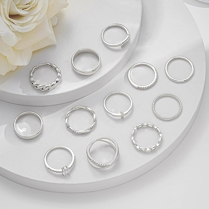 FAXHION 12 PCS Dainty 14K Gold Rings for Women, Eternity Open Chunky Twist Simulated Diamond Criss Cross Designs, Non Tarnish Gold Plated Stacking Thumb Ring, Perfect for Wedding Bands Size 5-11
