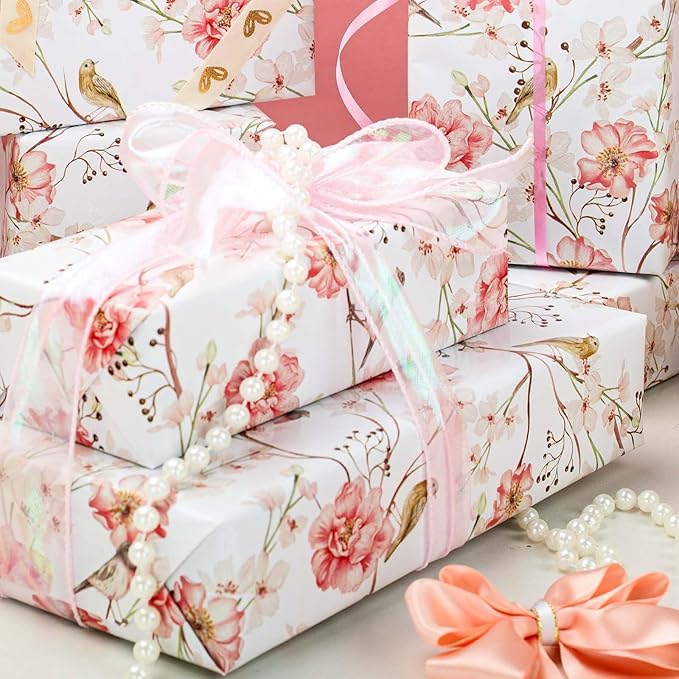 MAYPLUSS Gift Wrapping Paper Roll - Romantic Watercolor Pink Flower and Birds Design Gift Wrap Paper for Wedding, Bridal Shower, Mother’s Day, Valentine's Day, Birthday, Anniversay (17 Inch X 33Feet)