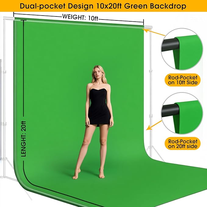 10x20ft Green Screen Backdrop for Photography, Dual-Size Dual-Pocket Design Chromakey Background for Photoshoot, Game Steaming, Zoom Meeting with Both Options of 10 ft and 20 ft in Width