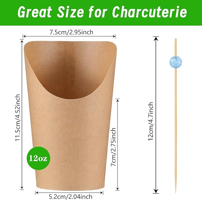 12Oz Charcuterie Cup Set, 100 Pcs Cups with 200 Pcs Coctail Picks, French Fry Holder and Bamboo Knot Skewers, Handheld Party Appetizer Kit, Disposable Kraft Paper Snack Box Container, Take Out Cones