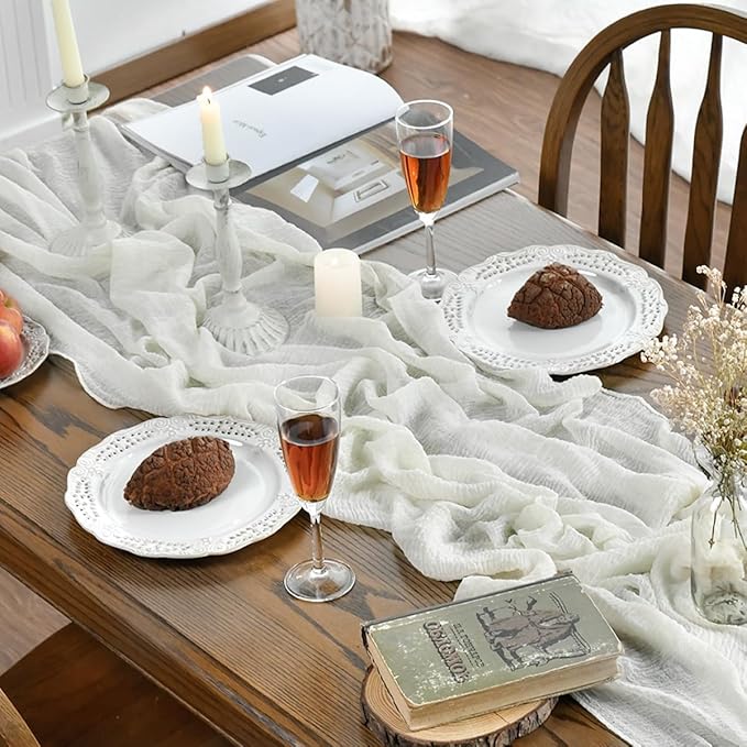 Artoid Mode Boho Cheesecloth Gauze Ivory Wedding Table Runner, 120 Inch Seasonal Fabric Kitchen Dining Holiday Table Decor for Home Party Indoor