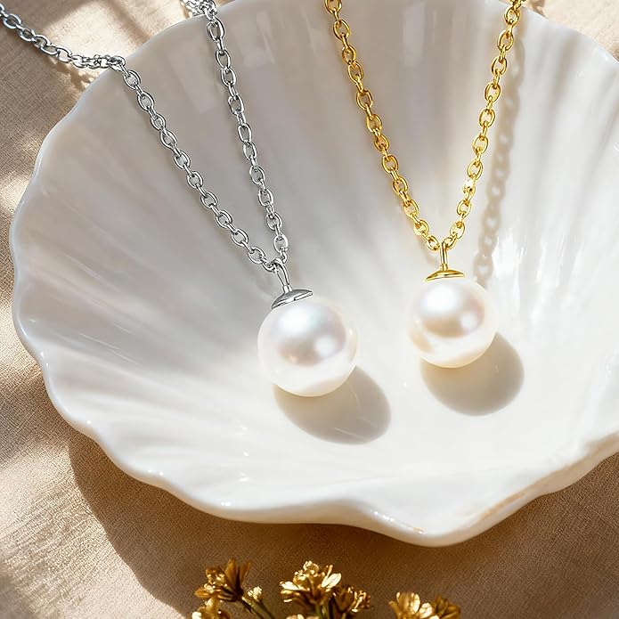 SUNFEEL 925 Sterling Silver Pearl Necklaces for women 14K Gold Plated 5A CZ 10MM/12MM Single Pearl Pendant Necklace Gifts for Her Mom Wife Girlfriend Engagement Wedding Birdal Christmas Trendy Jewelry