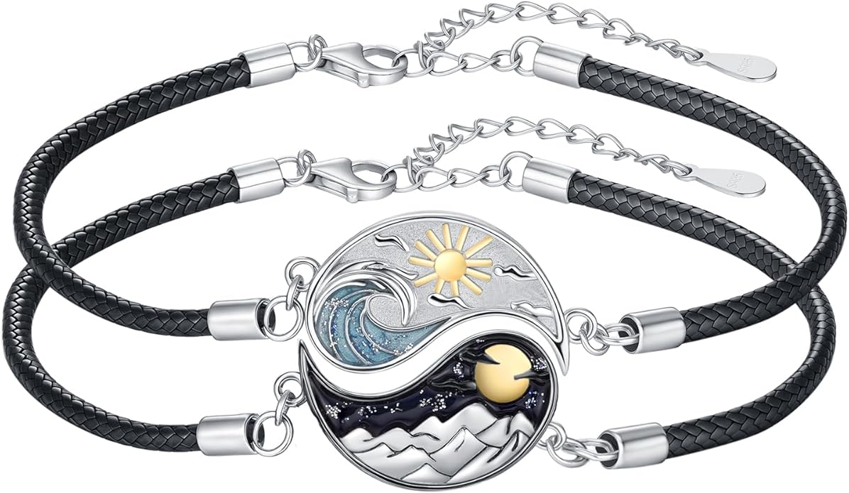 Yin Yang Bracelet 925 Sterling Silver Couple Friendship Bracelets Tree of Life/Sun Moon/Mountain/Lotus Abalone Jewelry for Women Men Couples, Leather Cord 7+2 in