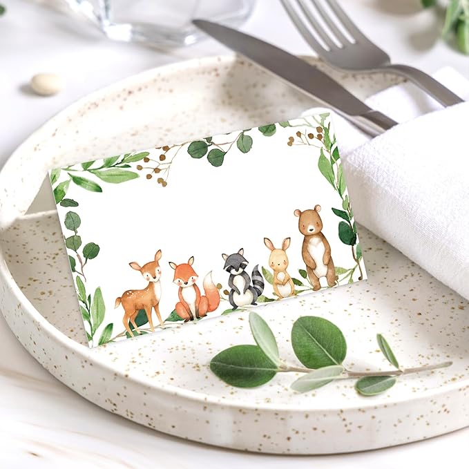 Whaline 100Pcs Woodland Animal Place Cards 2 x 3.5 Inch Forest Animal Tented Cards Baby Shower Seating Cards for Birthday Party Table Setting