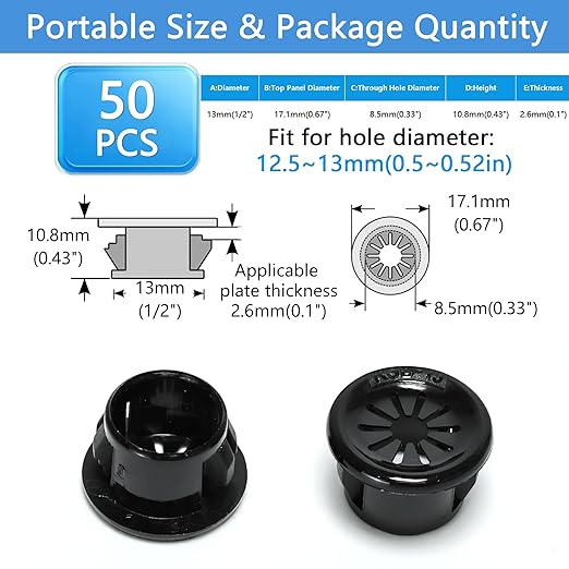 50 Pcs Cable Grommet, Snap Bushing 1/2" (13 mm) Mounting Diameter, Flexible Petal-Shaped Buckle Round Nylon Desk Grommet for Wires Through Countertop Cord Organizer and Protection, Black
