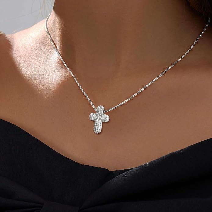 OGD Bubble Cross Necklace for Women 14k Gold Plated Cross Necklace Stackable Dainty Gold Necklace Mariner Chain Necklace CZ Cross Pendant Necklaces Set Simple Jewelry Gift