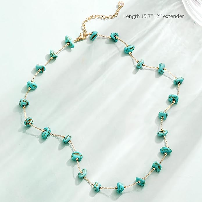 Created Turquoise Necklace for Women 14K Gold Plated Beaded Heart Choker Boho Necklaces Handmade Beach Summer Everyday Western Jewelry Gifts