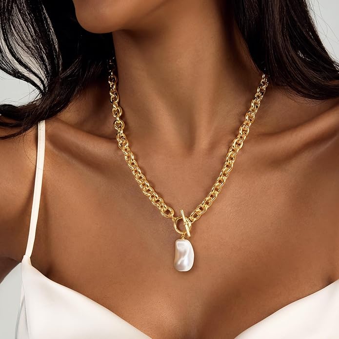 Zeffy 14K Gold/Silver Plated Chunky Thick Chain Toggle Clasp Necklace Dainty Baroque Pearl/Heart/Cross/Turquoise Pendant Necklace