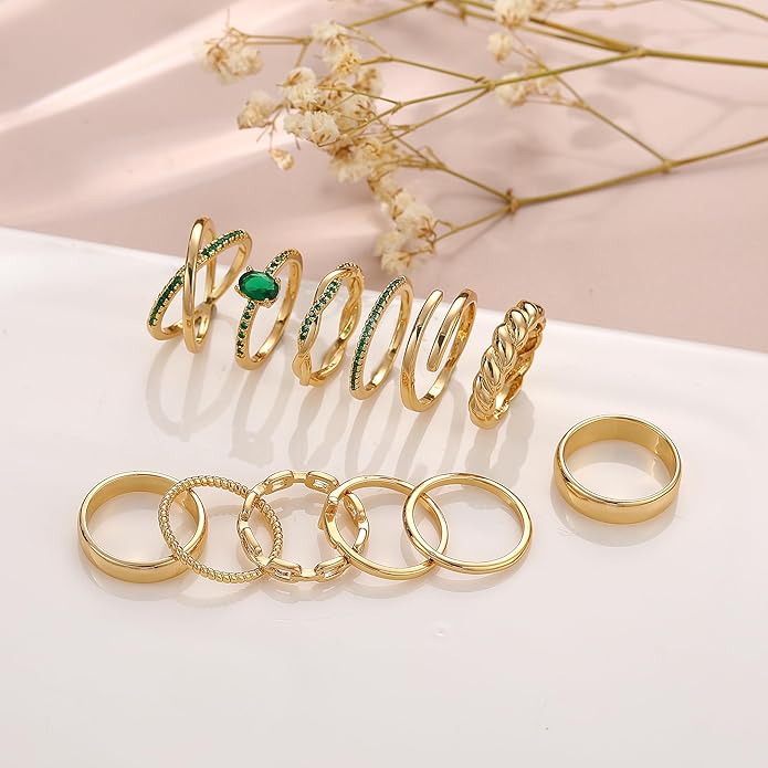 FAXHION 12 PCS Dainty 14K Gold Rings for Women, Eternity Open Chunky Twist Simulated Diamond Criss Cross Designs, Non Tarnish Gold Plated Stacking Thumb Ring, Perfect for Wedding Bands Size 5-11