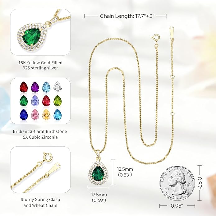 Valentine's Day Gift for Wife/Her-18K Gold Plated Teardrop Birthstone Necklace- with Light-Up Gift Box,Jewelry for Women,Anniversary Birthday Gifts for Women Her Wife Girlfriend Mom,Womens Jewelry