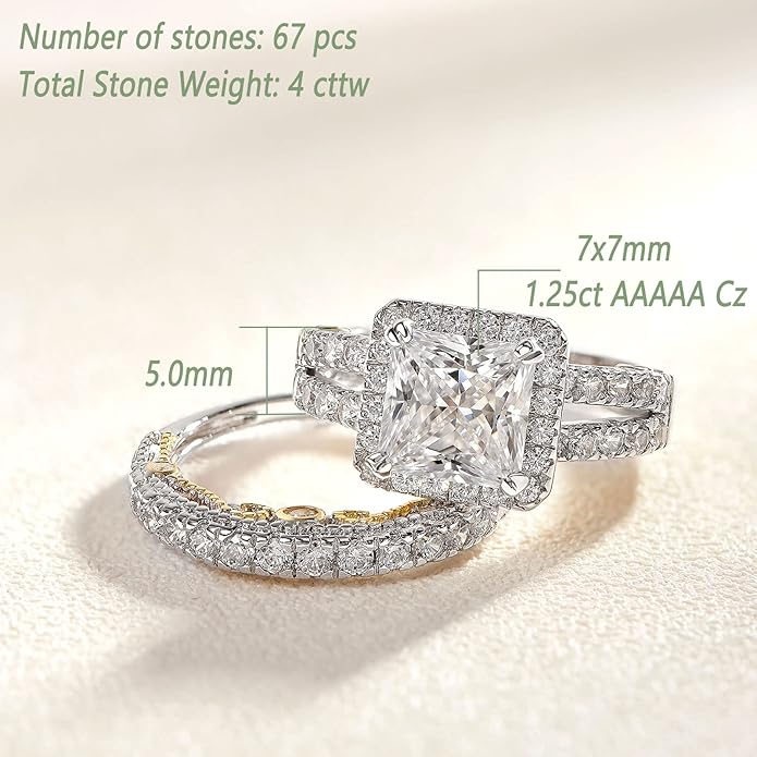 Wuziwen Princess Cut Engagement Rings for Women Sterling Silver Cubic Zirconia Wedding Bridal Ring Set