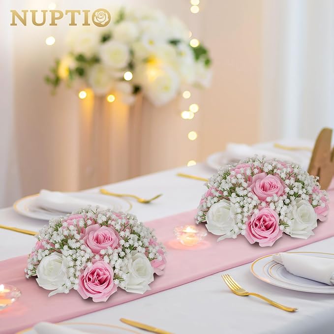 NUPTIO Pink Rose Flowers for Centerpieces: 10 Pcs 9.4 inch Diameter Artificial Flower Balls Fake Flower Ball Arrangement Bouquet Wedding Centerpieces for Tables Decorations