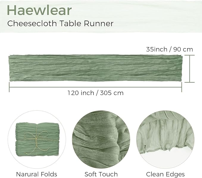 12 Pack Cheesecloth Table Runner 10Ft Boho Gauze Table Runner Cheese Cloth Long Rustic Sheer Table Runner for Wedding Bridal Baby Shower Birthday Party Cake Table Arbor Decorations (Sage Green)