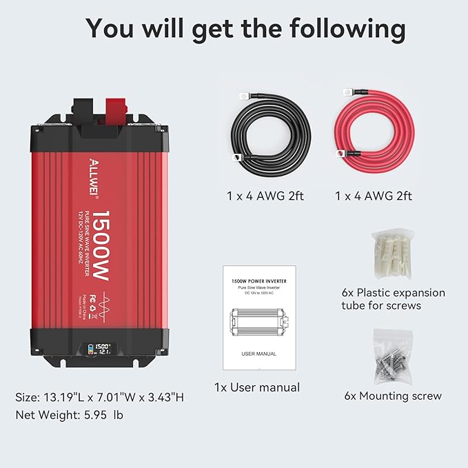 ALLWEI 1500W Pure Sine Wave Inverter 12V DC to 110V/120V AC Converter, Surge 3000W | Power Inverters Vehicles with 2 AC Outlets, RV Truck Boat Home Outdoor & Off-Grid Solar Inverter, Smart LCD Display
