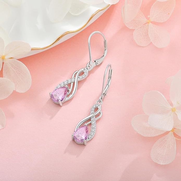 Infinity Love Birthstone Earrings for Women 925 Strling Silver 5A Cubic Zirconia Dangle Drop Leveback Earrings Jewelry Birthday Christmas Day Gifts for Her