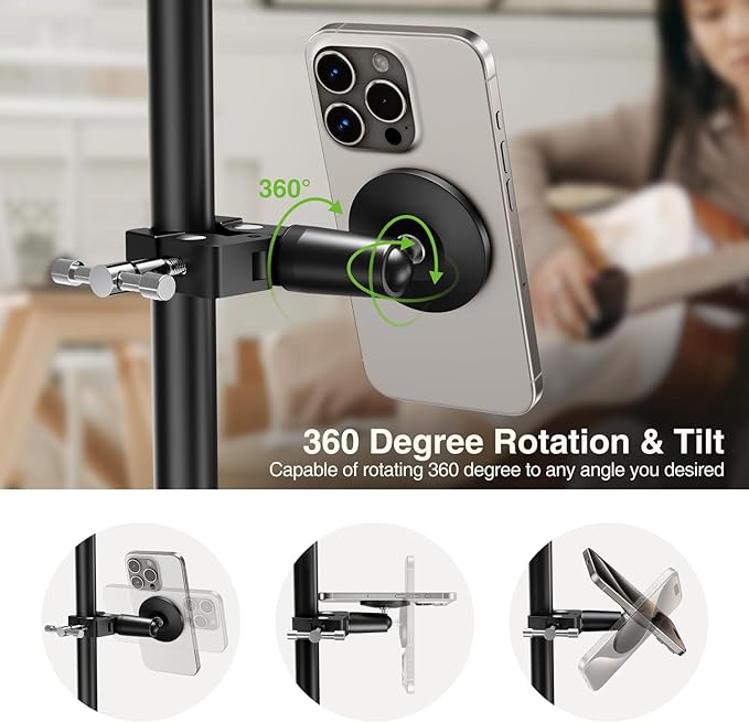 elitehood Magnetic Phone Clamp Mount, Adjustable Phone Holder for Mic Stand/Music Stand/Golf Cart/Treadmill/Stroller/Shopping Cart/Stationary Bike, iPhone Clamp Mount for Magsafe iPhone 16 15 14