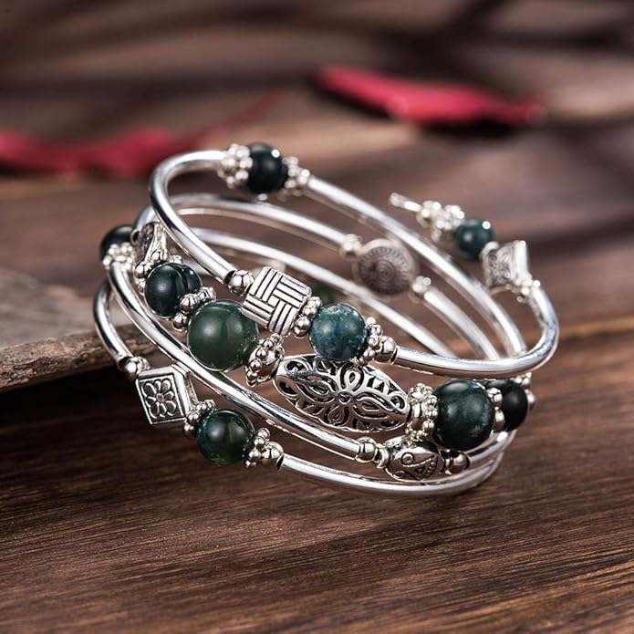 BULINLIN Layered Wrap Bangle Turquoise Bracelet - Bead Bracelet with Natural Agate Stone, Gifts For Women