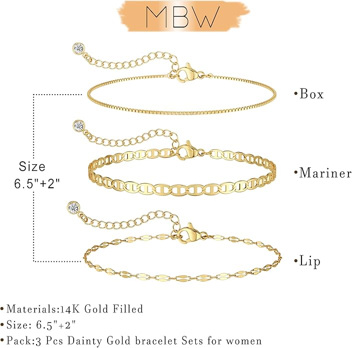 MBW Gold Bracelets for Women Trendy, Dainty 14K Gold Plated Bracelet Stack Beaded Chain Bracelet Set Thin Small Cute Paperclip Bracelets Fashion Waterproof Jewelry Gift Gold Accessories for Women