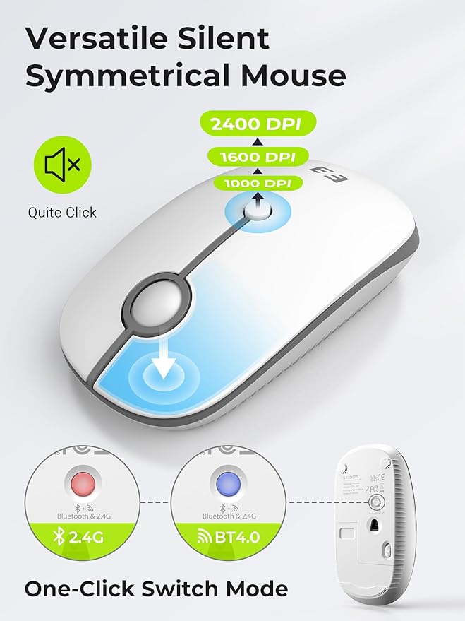 seenda Bluetooth Keyboard and Mouse for iPad, CTU-301 Multi-Device Bluetooth + 2.4G Wireless Keyboard Mouse with Tablet Holder for MacBook/Windows Computer, iOS/Andriod Tablet Phone, White