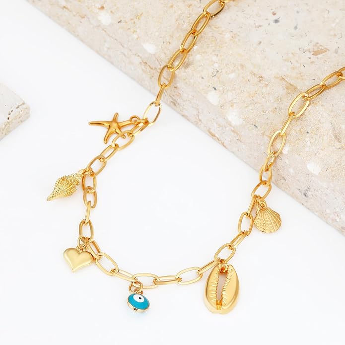 MISS RIGHT Dainty Gold Evil Eye Hamsa Hand Coin Lucky Charm Pendant Necklace for Women Trendy Vintage Paperclip Chain Sun Moon Clover Flower Chunky Charm Necklace Jewelry Gifts