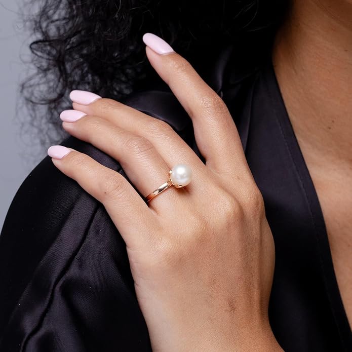 Angara Freshwater Pearl Solitaire Ring for Women | Round Freshwater Cultured Pearl Solitaire Ring in 14K Solid Gold/Silver | June Birthday, Anniversary, Gemstone Jewellery Gift
