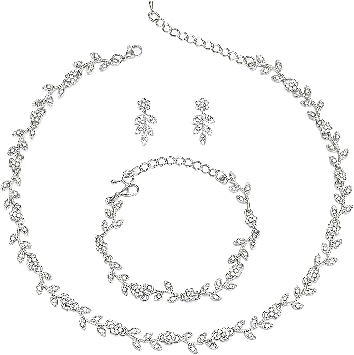 BriLove Wedding Jewelry Set for Women Bride, Gorgeous Stunning Crystal Flower Leaf Cluster Choker Necklace Link Bracelet Stud Earrings Bridal Bridesmaid