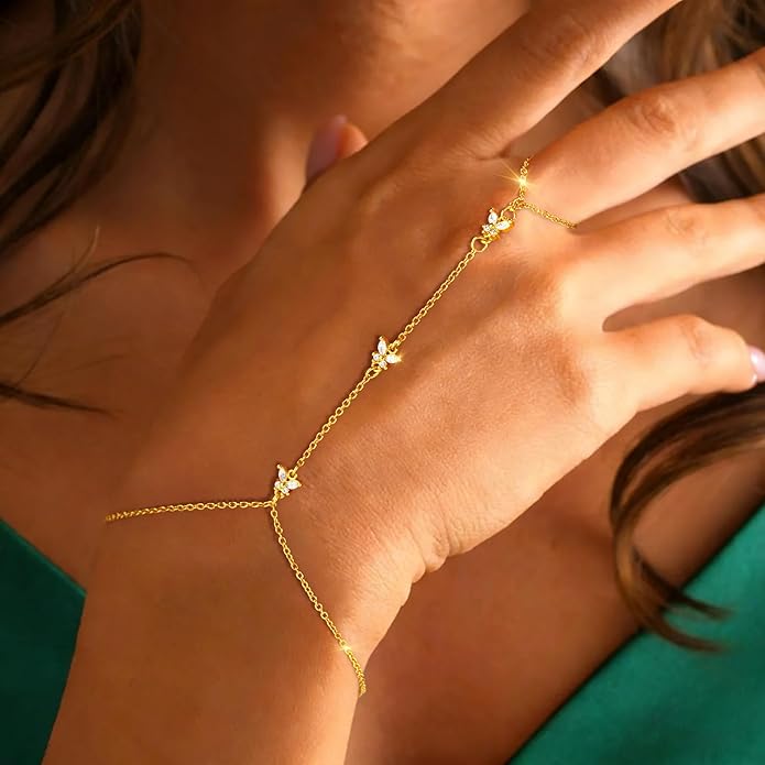 Gold Hand Chain for Women - Adjustable 14K Gold Plated Dainty Ring Bracelet Hand Chain Trendy Finger Ring Bracelet Hand Chains Stack Summer Jewelry for Women
