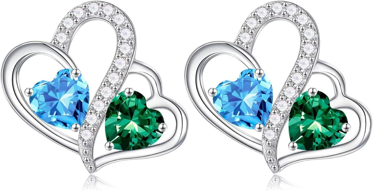 Iefil Valentines Day Gifts for Her - Birthstone Earrings Gift for Women, 925 Sterling Silver Double Heart Birthstone Earrings | Anniversary Birthday Gifts for Women, Personalized Jewelry for Wife Mom