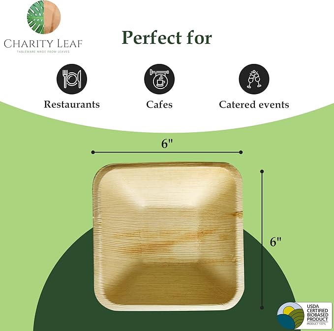 Charity Leaf Disposable Palm Leaf 6" Square Bowl (200 pcs) Dipping Bowls | Bamboo Like| All Natural and Biodegradable | Charcuterie Boards, BBQs, and Parties
