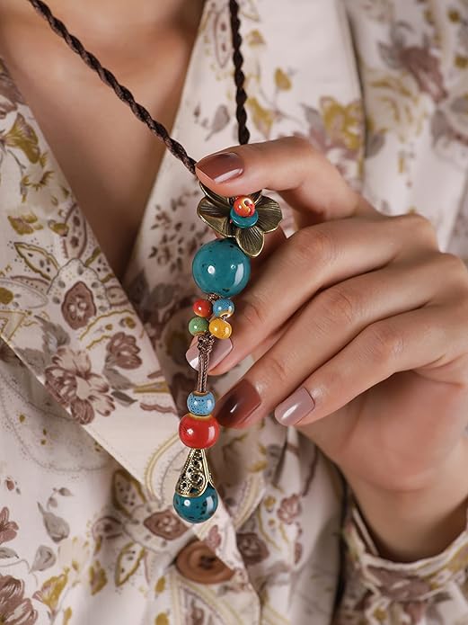 MINACHI Vintage Bohemian Colorful Ceramic Bead Antique Flower Y Necklace, Vintage Boho Hippie Statement Jewelry Gift for Women
