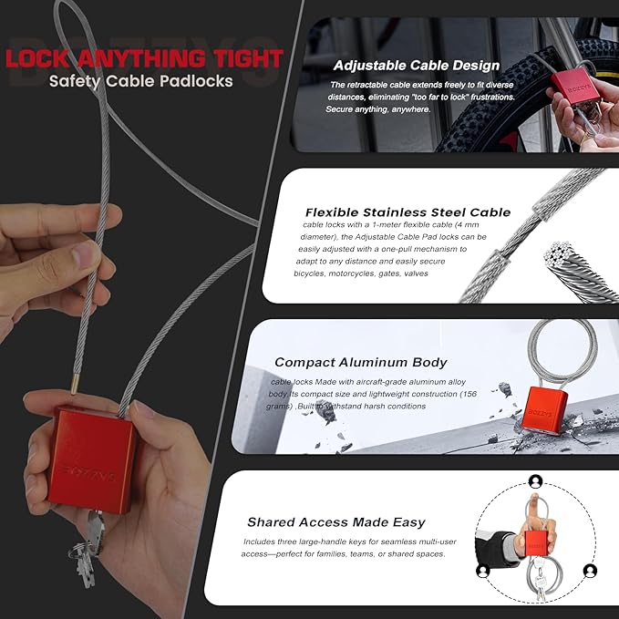 Cable Lock with 3 Keys | L 3.28ft(1m),D 1/6in(4mm) Adjustable Steel Cable Padlock | Aluminum Locks for Bikes, Gate, Lockers & Outdoor Gear | Weatherproof & Red