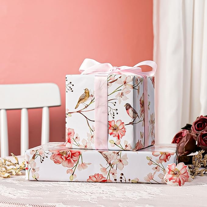 MIMUTI Watercolor Floral Wrapping Paper - Mini Roll - 17 Inch x 33 Feet - Red Gift Wrap with Flower and Bird Design for Girls, Wedding, Mother’s Day, Birthday, Valentine’s Day