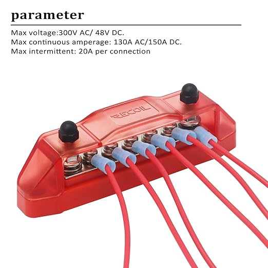 Recoil BBS25P Bus Bar 2 x M5 Studs and 5 Screw Terminals Power Distribution Block with Ring Terminals Pair Red & Black