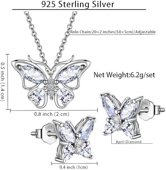 925 Sterling Silver Birthstone Butterfly Jewelry Women Crystal Animal Cute Butterflies Birthday Necklace/Earring/Ring/Bracelet Sets Birth Stone Statement Anniversary Jewellery