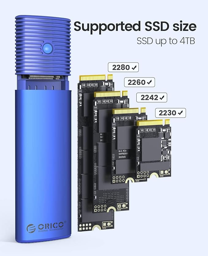 ORICO M.2 NVMe SATA SSD Enclosure Adapter Tool-Free, USB C 3.2 Gen 2 10Gbps NVMe, 5Gbps NGFF SATA PCIe M-Key(B+M Key) 2230/2242/2260/2280, Aluminum External M2 Reader Support UASP Trim- PWDM2-BL