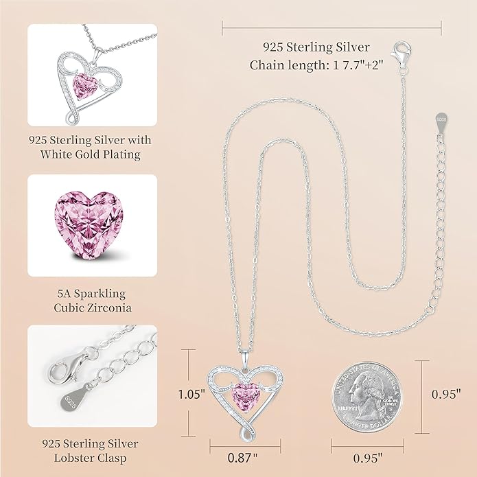 Infinity Necklace for Women, 925 Sterling Silver Heart Necklace with 5A Zircon, White Gold Plated Adjustable Chain, Gift for Valentine's Day, Birthday, Anniversary for Wife, Girlfriend, Mom